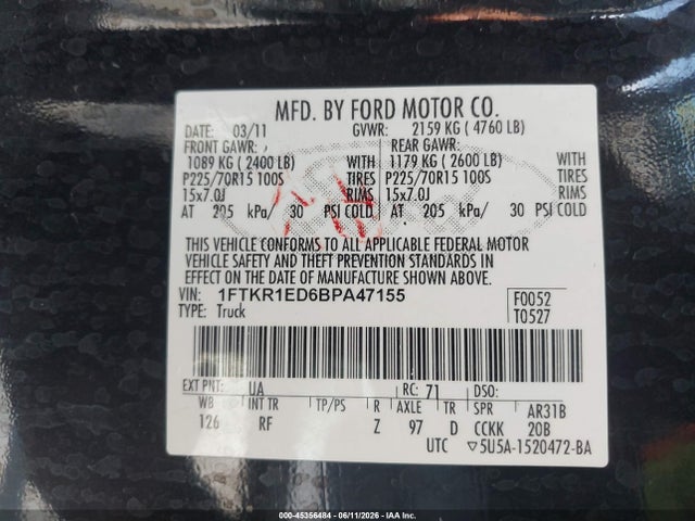 Aukcja sprzedaży 2011 Ford Ranger Xl/xlt, vin: 1FTKR1ED6BPA47155, numer aukcji: 45356484