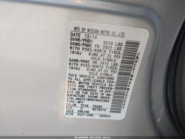 Продажа на аукционе авто 2015 Infiniti Qx70, vin: JN8CS1MW6FM482684, номер лота: 45356496