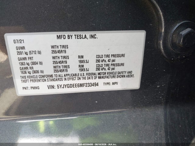 2021 Tesla Model Y Long Range Dual Motor All-wheel Drive მანქანა იყიდება აუქციონზე, vin: 5YJYGDEE6MF233494, აუქციონის ნომერი: 45356499