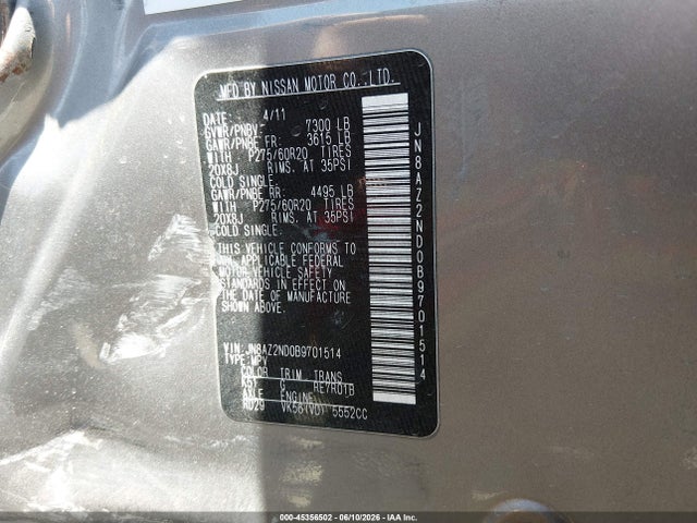 45356502 :رقم المزاد ، JN8AZ2ND0B9701514 vin ، 2011 Infiniti Qx56 مزاد بيع