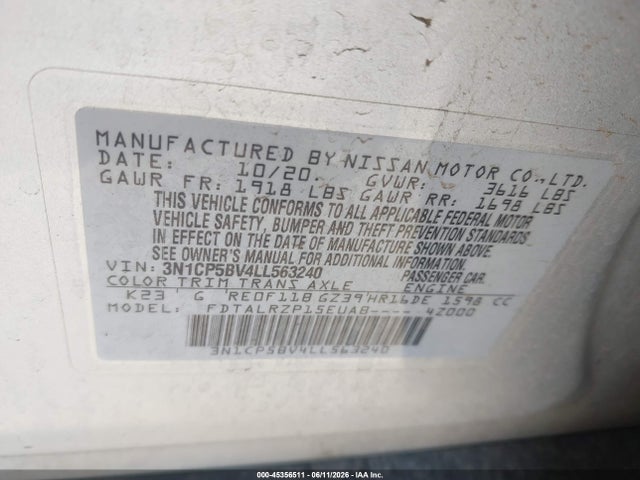 3N1CP5BV4LL563240 Nissan Kicks S Xtronic Cvt
