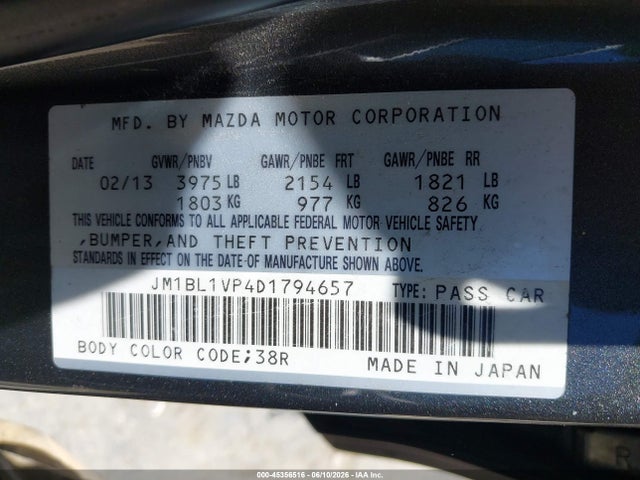 2013 Mazda Mazda3 I Touring მანქანა იყიდება აუქციონზე, vin: JM1BL1VP4D1794657, აუქციონის ნომერი: 45356516