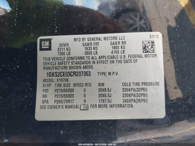 2012 Gmc Yukon Slt მანქანა იყიდება აუქციონზე, vin: 1GKS2CE03CR207063, აუქციონის ნომერი: 45356524