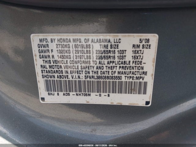 Aukcja sprzedaży 2008 Honda Odyssey Ex-l, vin: 5FNRL38608B083550, numer aukcji: 45356538