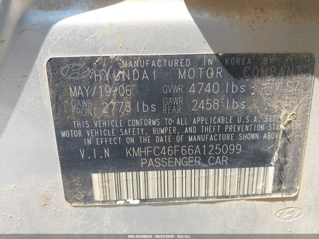 2006 Hyundai Azera Limited/se მანქანა იყიდება აუქციონზე, vin: KMHFC46F66A125099, აუქციონის ნომერი: 45356636