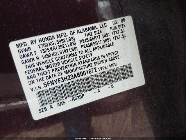 Aukcja sprzedaży 2010 Honda Pilot Lx, vin: 5FNYF3H23AB001672, numer aukcji: 45356637