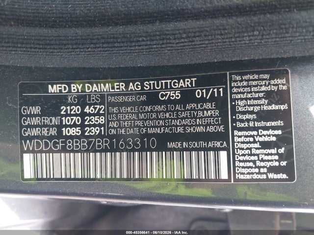 Aukcja sprzedaży 2011 Mercedes-benz C 300 Sport 4matic, vin: WDDGF8BB7BR163310, numer aukcji: 45356641