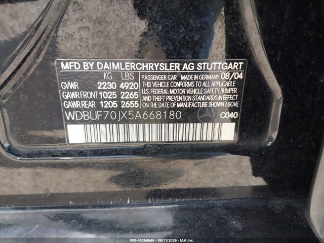 Продаж на аукціоні авто 2005 Mercedes-benz E 500, vin: WDBUF70JX5A668180, номер лоту: 45356646