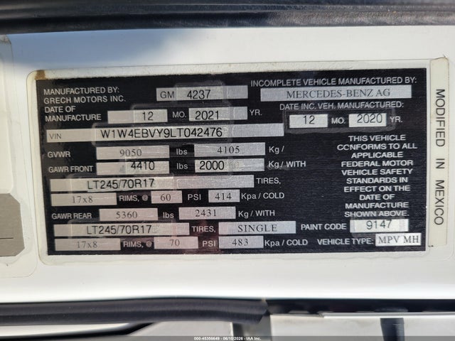 Продаж на аукціоні авто 2020 Mercedes-benz Sprinter 2500 Standard Roof V6, vin: W1W4EBVY9LT042476, номер лоту: 45356649