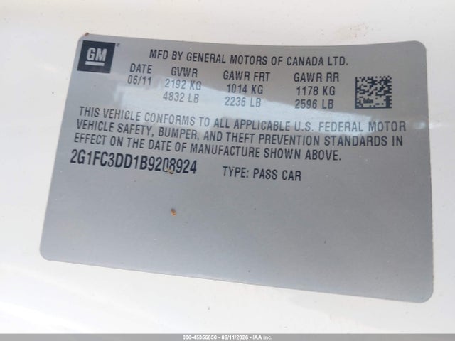 45356650 :رقم المزاد ، 2G1FC3DD1B9208924 vin ، 2011 Chevrolet Camaro 2lt مزاد بيع