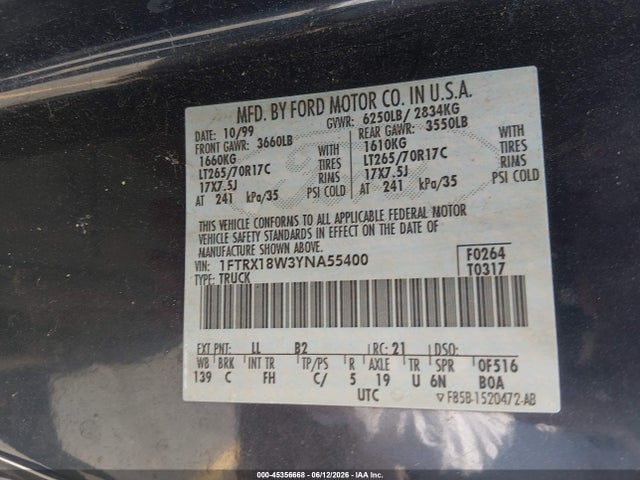Продажа на аукционе авто 2000 Ford F-150 Lariat/work Series/xl/xlt, vin: 1FTRX18W3YNA55400, номер лота: 45356668