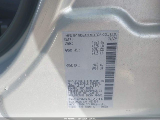 45356677 :رقم المزاد ، 1N4BL4BV6RN422716 vin ، 2024 Nissan Altima S Fwd مزاد بيع