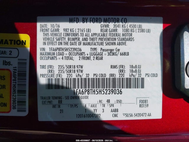 45356687 :رقم المزاد ، 1FA6P8TH5H5239036 vin ، 2017 Ford Mustang Ecoboost مزاد بيع