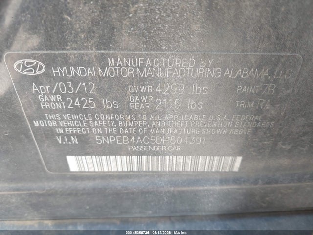 Продаж на аукціоні авто 2013 Hyundai Sonata Gls, vin: 5NPEB4AC5DH504391, номер лоту: 45356736