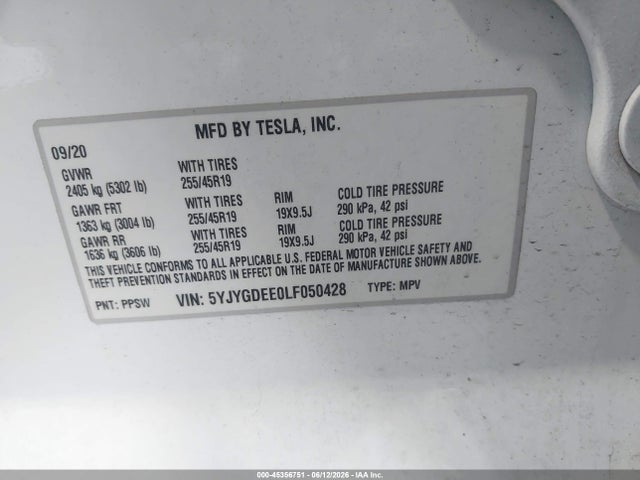 Aukcja sprzedaży 2020 Tesla Model Y Long Range Dual Motor All-wheel Drive, vin: 5YJYGDEE0LF050428, numer aukcji: 45356751