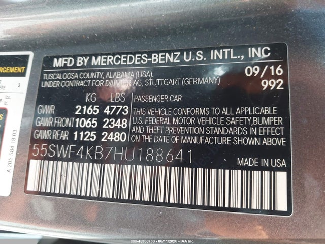 Auction sale of the 2017 Mercedes-benz C 300 4matic, vin: 55SWF4KB7HU188641, lot number: 45356753