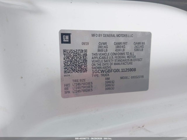 Продажа на аукционе авто 2020 Chevrolet Express Cargo Rwd 2500 Extended Wheelbase Wt, vin: 1GCWGBFG0L1125908, номер лота: 45356773