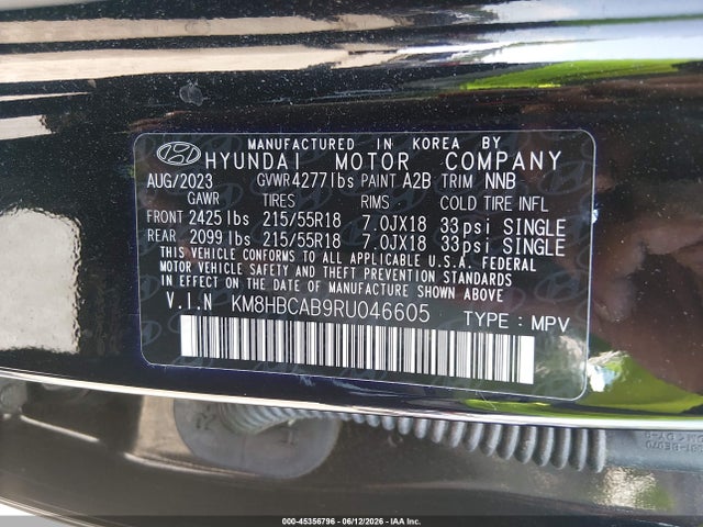 2024 Hyundai Kona Sel მანქანა იყიდება აუქციონზე, vin: KM8HBCAB9RU046605, აუქციონის ნომერი: 45356796
