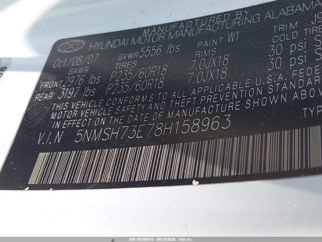 Aukcja sprzedaży 2008 Hyundai Santa Fe Limited/se, vin: 5NMSH73E78H158963, numer aukcji: 45356815