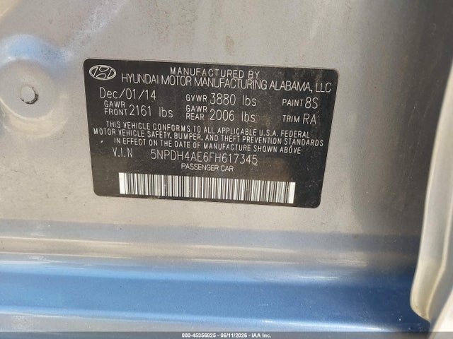 Aukcja sprzedaży 2015 Hyundai Elantra Se, vin: 5NPDH4AE6FH617345, numer aukcji: 45356825