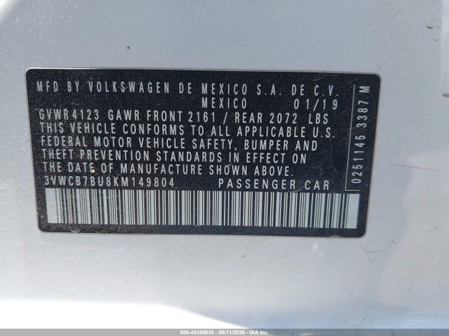 Продаж на аукціоні авто 2019 Volkswagen Jetta 1.4t R-line/1.4t S/1.4t Se, vin: 3VWCB7BU8KM149804, номер лоту: 45356830