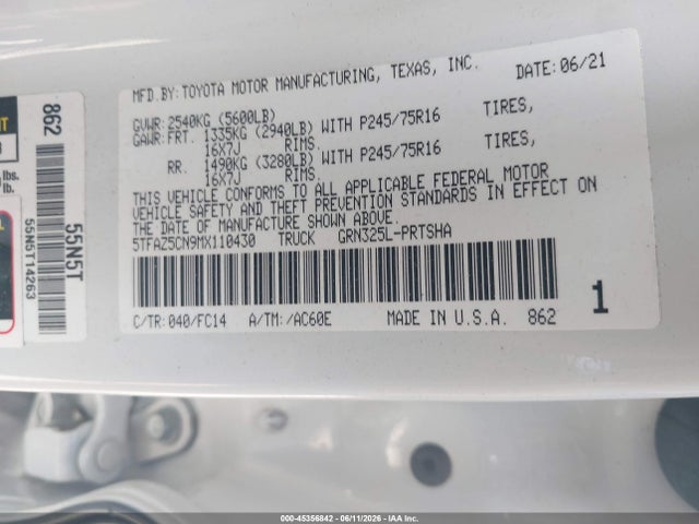 45356842 :رقم المزاد ، 5TFAZ5CN9MX110430 vin ، 2021 Toyota Tacoma Sr5 V6 مزاد بيع