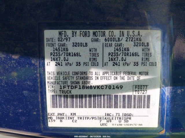 Продаж на аукціоні авто 1997 Ford F-150 Standard Lariat/standard/xl/xlt, vin: 1FTDF18W8VKC70149, номер лоту: 45356847