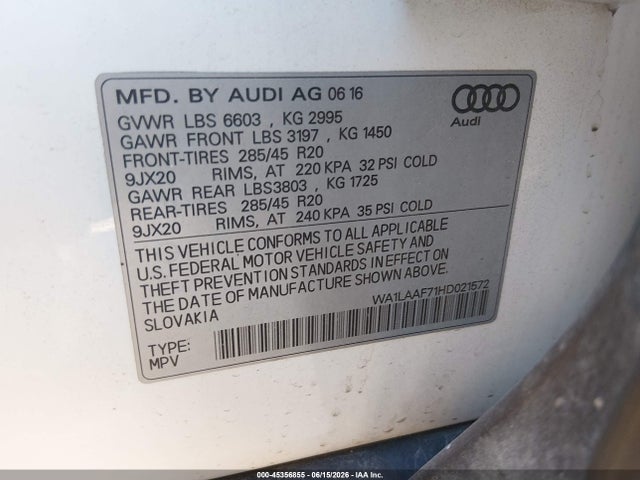 Продаж на аукціоні авто 2017 Audi Q7 3.0t Premium, vin: WA1LAAF71HD021572, номер лоту: 45356855