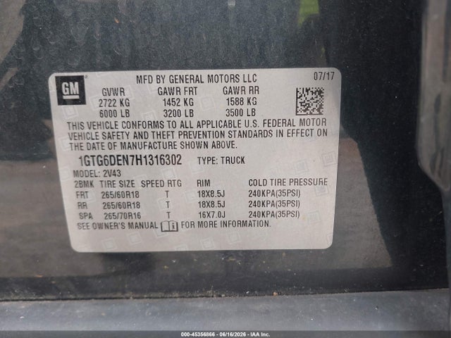 2017 Gmc Canyon 4wd Slt მანქანა იყიდება აუქციონზე, vin: 1GTG6DEN7H1316302, აუქციონის ნომერი: 45356866