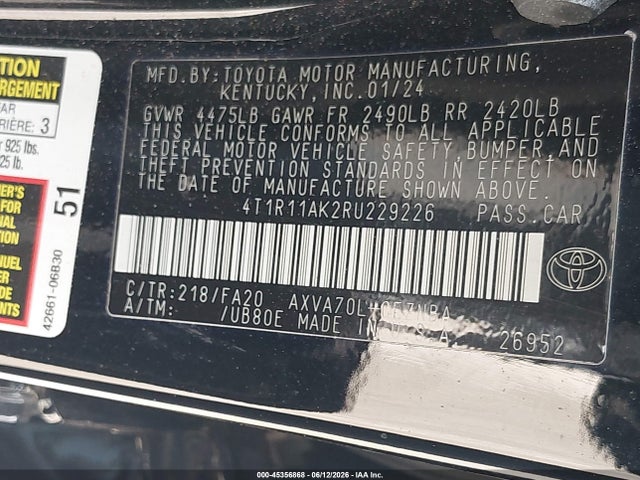 Продаж на аукціоні авто 2024 Toyota Camry Le, vin: 4T1R11AK2RU229226, номер лоту: 45356868