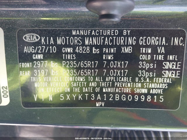Продажа на аукционе авто 2011 Kia Sorento Lx, vin: 5XYKT3A12BG099815, номер лота: 45356878