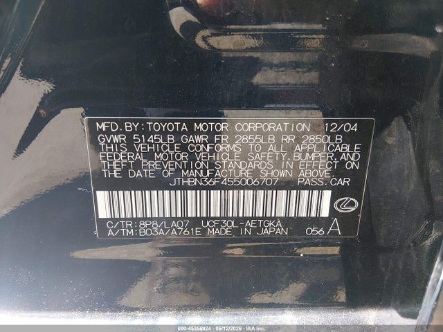2005 Lexus Ls 430 მანქანა იყიდება აუქციონზე, vin: JTHBN36F455006707, აუქციონის ნომერი: 45356924