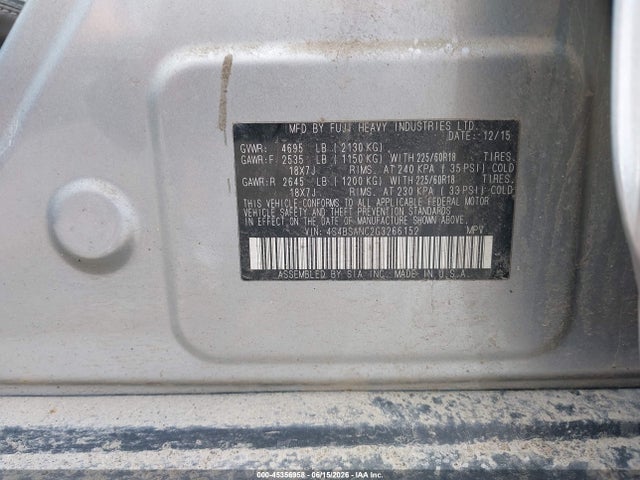 45356958 :رقم المزاد ، 4S4BSANC2G3266152 vin ، 2016 Subaru Outback 2.5i Limited مزاد بيع