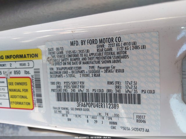 Продажа на аукционе авто 2014 Ford Fusion Energi Se Luxury, vin: 3FA6P0PU4ER112389, номер лота: 45356972
