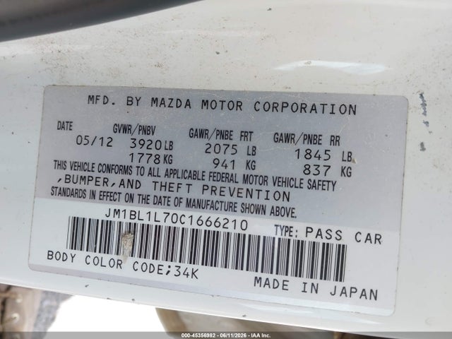 2012 Mazda Mazda3 მანქანა იყიდება აუქციონზე, vin: JM1BL1L70C1666210, აუქციონის ნომერი: 45356982