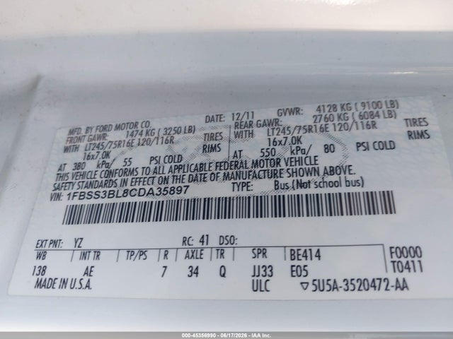 Aukcja sprzedaży 2012 Ford E-350 Super Duty Xl/xlt, vin: 1FBSS3BL8CDA35897, numer aukcji: 45356990