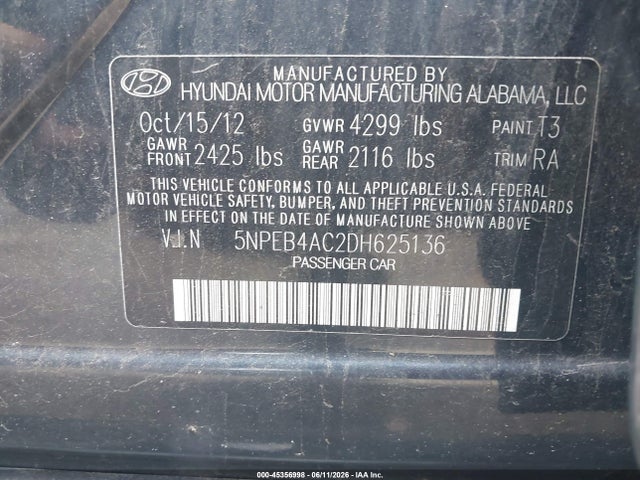 Aukcja sprzedaży 2013 Hyundai Sonata Gls, vin: 5NPEB4AC2DH625136, numer aukcji: 45356998