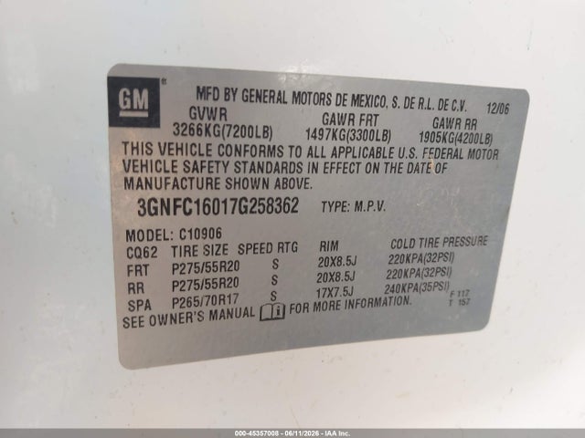 2007 Chevrolet Suburban 1500 Lt მანქანა იყიდება აუქციონზე, vin: 3GNFC16017G258362, აუქციონის ნომერი: 45357008