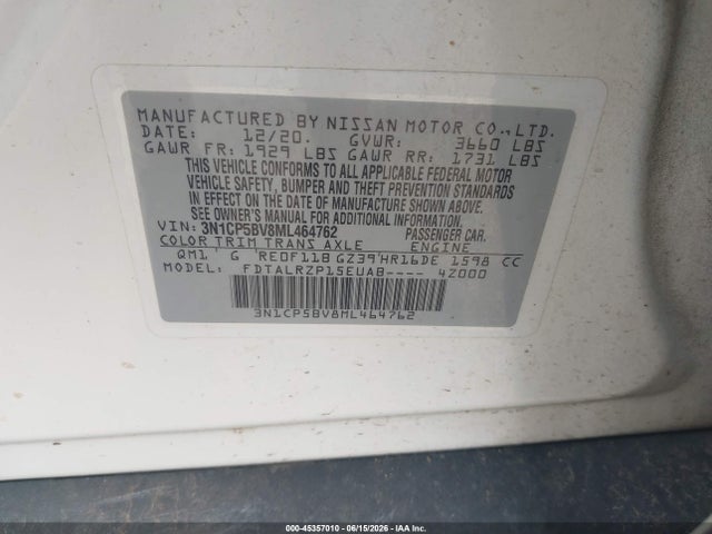 45357010 :رقم المزاد ، 3N1CP5BV8ML464762 vin ، 2021 Nissan Kicks S Xtronic Cvt مزاد بيع