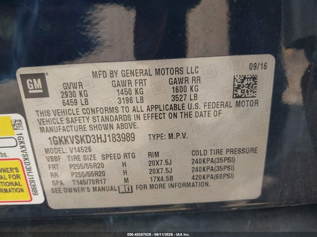 2017 Gmc Acadia Limited მანქანა იყიდება აუქციონზე, vin: 1GKKVSKD3HJ183989, აუქციონის ნომერი: 45357029
