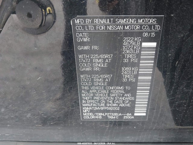 2015 Nissan Rogue S მანქანა იყიდება აუქციონზე, vin: KNMAT2MV6FP592002, აუქციონის ნომერი: 45357033