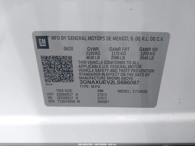 45357051 :رقم المزاد ، 3GNAXUEV2LS686087 vin ، 2020 Chevrolet Equinox Awd Lt 1.5l Turbo مزاد بيع