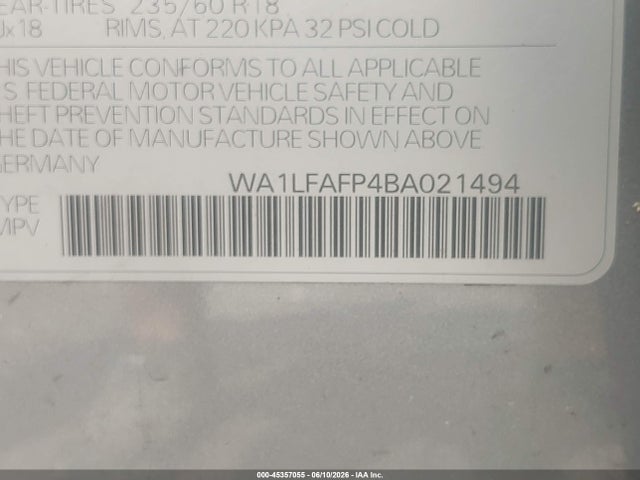 Продажа на аукционе авто 2011 Audi Q5 2.0t Premium, vin: WA1LFAFP4BA021494, номер лота: 45357055