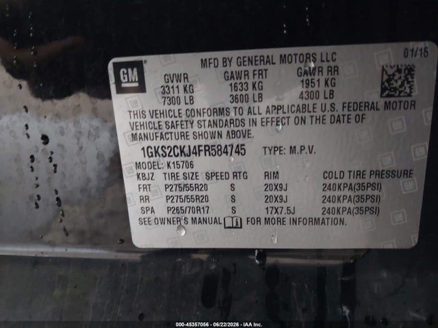 Aukcja sprzedaży 2015 Gmc Yukon Denali, vin: 1GKS2CKJ4FR584745, numer aukcji: 45357056