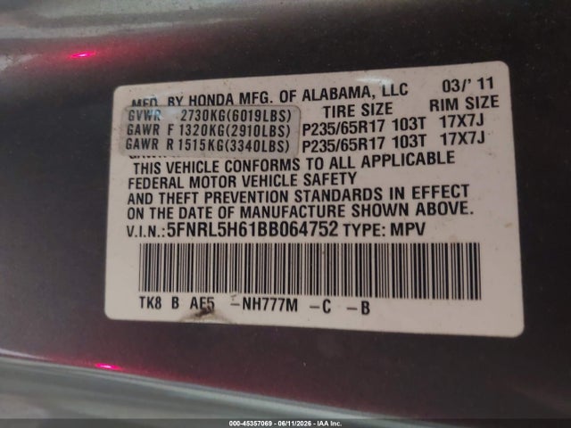 2011 Honda Odyssey Ex-l მანქანა იყიდება აუქციონზე, vin: 5FNRL5H61BB064752, აუქციონის ნომერი: 45357069