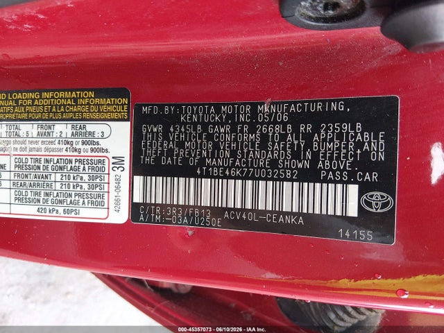 2007 Toyota Camry Le მანქანა იყიდება აუქციონზე, vin: 4T1BE46K77U032582, აუქციონის ნომერი: 45357073
