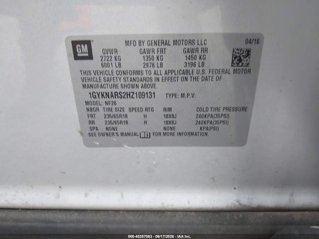 Продажа на аукционе авто 2017 Cadillac Xt5 Standard, vin: 1GYKNARS2HZ109131, номер лота: 45357083
