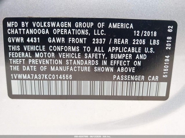 45357095 :رقم المزاد ، 1VWMA7A37KC014556 vin ، 2019 Volkswagen Passat 2.0t Se R-line مزاد بيع