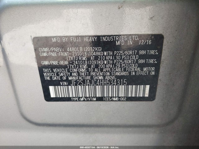 Aukcja sprzedaży 2017 Subaru Forester 2.5i Limited, vin: JF2SJAJC4HH534315, numer aukcji: 45357104