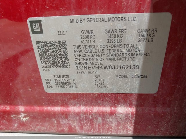 45357115 :رقم المزاد ، 1GNEVHKW0JJ162138 vin ، 2018 Chevrolet Traverse 3lt مزاد بيع